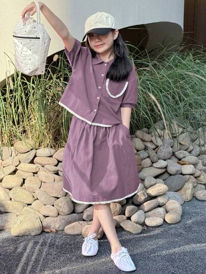 مايوه حريمي قطعة واحدة DAZY قميص أكمام قصيرة وشورت قطعتين للفتيات المراهقات، لون أحادي، مجموعة بسيطة وعملية