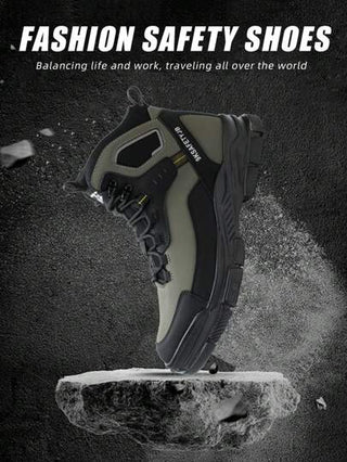 بوت سلامة عالية الكاحل يمكن ارتداؤها من الجنسين، بوت عمل فولاذية خفيفة الوزن، بوت سلامة واقية مضادة للتحطيم والثقب، مقاومة للماء ، مانعة للانزلاق، متينة للبناء والصناعة، لون أخضر عسكري، مناسبة لجميع الفصول