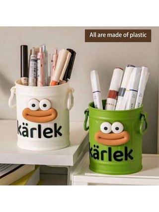 1 قطعة حامل قلم كبير السعة مضحك وجميل من البلاستيك، صندوق تخزين مكتبي لمكتب الطالب البنات، صندوق تخزين مكتب أطفال (مع ملصقات عشوائية) عودة إلى المدرسة