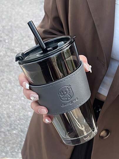 1 كوب زجاجي سعة 450 مل مع غطاء، كوب شاي الحليب مع قش، كوب قهوة العشاء، كوب طالب، كوب قهوة زجاجي مع غطاء، كوب شاي وحليب مع قش، أدوات شرب هدايا فاخرة