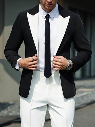 Manfinity Mode جاكيت بدلة الرجال ذات لون متباين ورقع للتنقل والأعمال