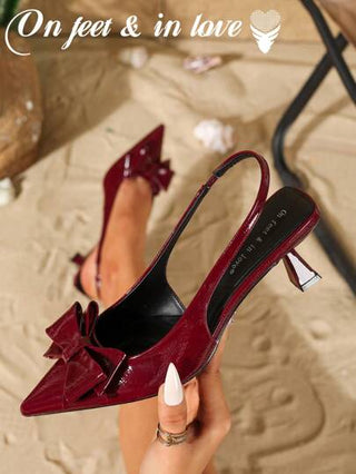 On feet& in love أحذية كعب عالي بتصميم براق وفخم مع فيونكة على شكل حذاء ذو رؤوس مدببة، مناسبة للفساتين