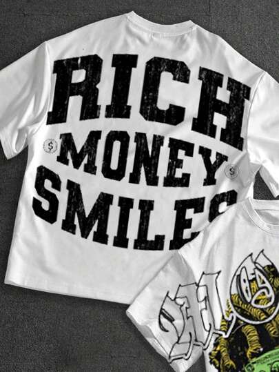 SHEIN تي شيرت رقبة دائرية أكمام قصيرة مطبوع عليه صورة ظلية لشخص كاجوال وسيمبول النقود ، شعار كلاسيكي مطبوع "Rich Money Smiles" مناسب للصيف