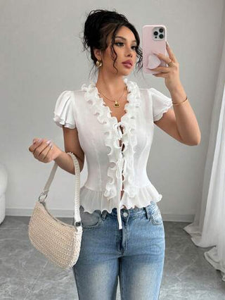 Elenzga بلوزة نسائية ذات قماش ناعم مزخرف بكشكشات مزدوجة الطبقة للأكمام، مع ربطة أمامية مزينة، مناسبة من الإجازات إلى مكتب العمل