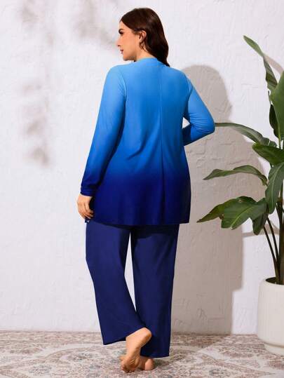 Swim Mulvari طقم بحر بورکینی لسيدات المقاسات الكبيرة 2 قطعة بطبعة عُمرية على أكمام طويلة وياقة مستديرة فضفاضة ومتواضعة