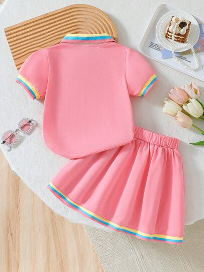 مجموعة ملابس علوية مطرزة على الجيب وتنورة كاجوال معقوفة للفتيات 2 قطعة