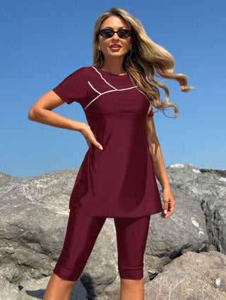 طقم تانكيني حريمي Swim Mulvari مجموعة ملابس سباحة كاجوال رياضية أنيقة للنساء تتكون من شورت قصيرة وبلوزة بياقة مستديرة وأكمام قصيرة