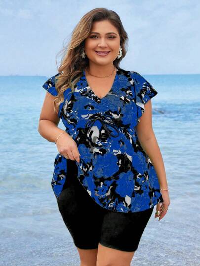 Swim Lushoire مجموعة سباحة نساء كبيرات الحجم بطبعات عشوائية بالمنتصف قطعتين، بلا أكمام وحرة البطن، للعطلات والشاطئ