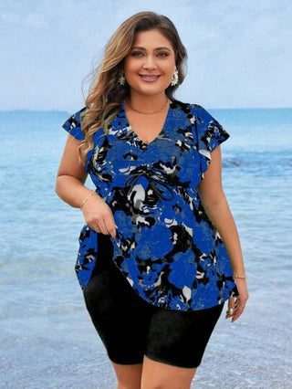 Swim Lushoire مجموعة سباحة نساء كبيرات الحجم بطبعات عشوائية بالمنتصف قطعتين، بلا أكمام وحرة البطن، للعطلات والشاطئ