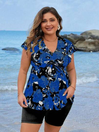 Swim Lushoire مجموعة سباحة نساء كبيرات الحجم بطبعات عشوائية بالمنتصف قطعتين، بلا أكمام وحرة البطن، للعطلات والشاطئ