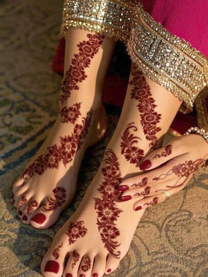 8 قطع/مجموعة وشم مؤقت بتصميم زهور كامل اليد بألوان (بني/أحمر/كستناء), ملصقات وشم الحناء للأصابع والأظافر، ملصقات وشم مؤقت مقاوم للماء للنساء، للأعراس والحفلات