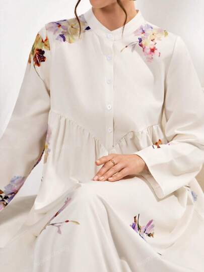 فستان ماكسي مطبوع بياقة قميص للسيدات - قصة فضفاضة كاجوال بأكمام طويلة وأزرار، لفصلي الربيع والصيف، فساتين أنيقة وأنيقة