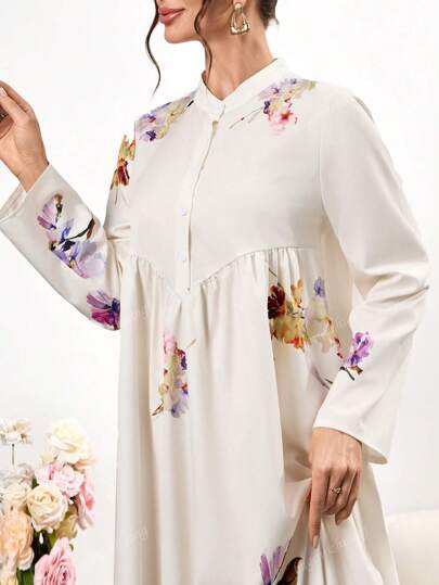 فستان ماكسي مطبوع بياقة قميص للسيدات - قصة فضفاضة كاجوال بأكمام طويلة وأزرار، لفصلي الربيع والصيف، فساتين أنيقة وأنيقة