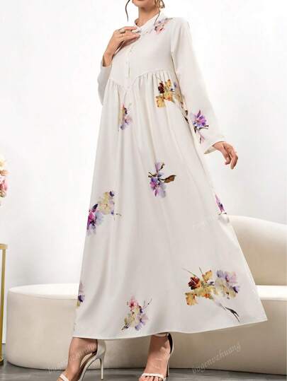 فستان ماكسي مطبوع بياقة قميص للسيدات - قصة فضفاضة كاجوال بأكمام طويلة وأزرار، لفصلي الربيع والصيف، فساتين أنيقة وأنيقة