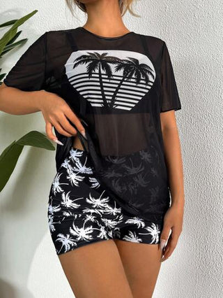 طقم تانكيني حريمي Swim Lushoire منظر قطّة نخيل صيفية للنساء، بدلة سباحة قطعتين عادية شكّاكينا مع غطاء علوي بأكمام قصيرة من الشيفون