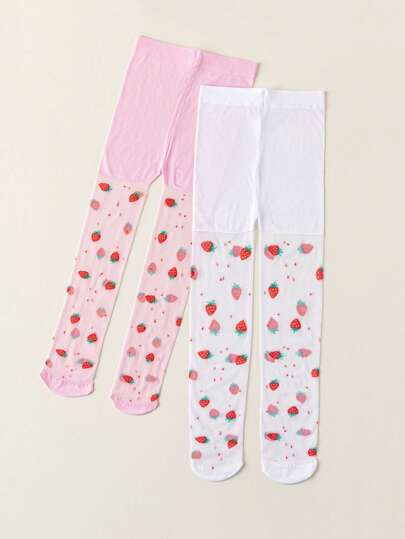 زوجان من جوارب الأطفال ، جوارب حريرية رقيقة ومنفذة للهواء، جوارب بتصميم فراولة لطيف لفتيات ، مناسبة للأطفال والمراهقين لارتداء اليومي