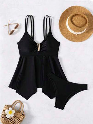 طقم تانكيني حريمي Swim Lushoire 2025 بكيني الصيف للنساء باللون الأسود بتصميم أنيق وبسيط مع إكسسوارات معدنية
