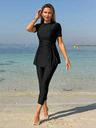 Swim Mulvari 2 قطعة مجموعة بوركيني للنساء بلون أحادي، مناسبة لارتدائها في الشاطئ والمنتجعات