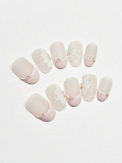 10 قطع من الأظافر الناعمة اللون مطفأة بطلاء يدوي ثلاثي الأبعاد بزهور أنيقة ووجهات نظر متعددة، عمل يدوي خالص،فن الأظافر