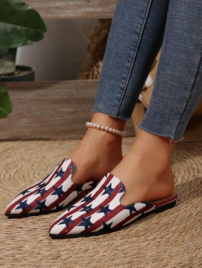 نساء مدببة التصميم شباشب بدون ظهر، أحذية اسفنجية رسومات نجمة إحتفال 4 يوليو، تصميم أنيق ومتعدد الاستخدامات