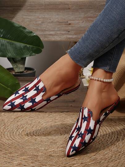 نساء مدببة التصميم شباشب بدون ظهر، أحذية اسفنجية رسومات نجمة إحتفال 4 يوليو، تصميم أنيق ومتعدد الاستخدامات