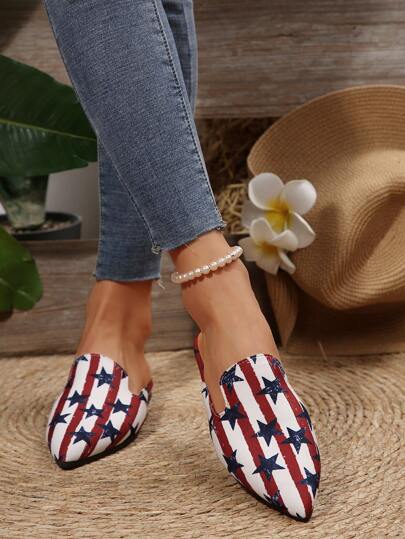 نساء مدببة التصميم شباشب بدون ظهر، أحذية اسفنجية رسومات نجمة إحتفال 4 يوليو، تصميم أنيق ومتعدد الاستخدامات