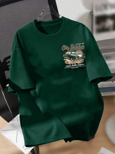 تيشرت كاجوال بأكمام طاقم للصبيان والمراهقين مزخرف برسوم السيارة الكرتونية وأشرطة الشعارات ، ملابس علوية ناعم للصيف