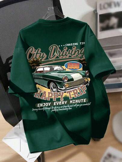 تيشرت كاجوال بأكمام طاقم للصبيان والمراهقين مزخرف برسوم السيارة الكرتونية وأشرطة الشعارات ، ملابس علوية ناعم للصيف