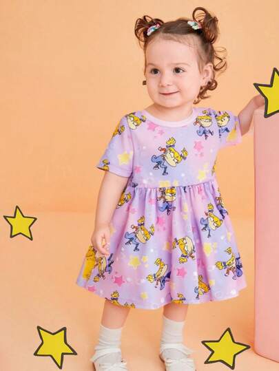 فساتين بيبي Nick 90s X  فستان كاجوال بأكمام قصيرة للبنات الرضع ذو طبعة نجوم وفتيات كرتونية، لطيف وحلو باللون الأرجواني