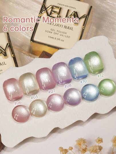 6 قطع طلاء أظافر جل بتأثير عين القطة 15مل لحظات رومانسية من إصدار XEIJAYI، شبه دائم ، فن الأظافر بتقنية النقع والجفاف الأشعة فوق البنفسجية، مناسب للاستخدام في صالون الأظافر DIY، لفصلي الربيع والصيف، مع عصا مغناطيسية مرفقة