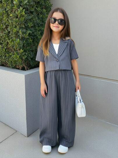 تيشيرتات بناتي طقم ملابس علوية كم قصير ذو ياقة منحرفة وبنطال ساق مستقيمة لفتيات NOVA GLOW ذوات اللون الواحد المنسوج