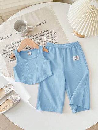 SHEIN طقم ملابس علوية قطن وبنطال وسط مطاطي وردي فاتح للبنات الصغار 2 قطعة
