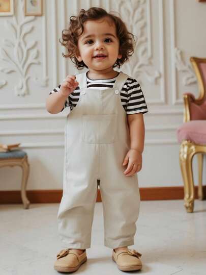 مجموعة من تي شيرت تي شيرت أكمام قصيرة مخطط والبناطلون القصيرة الكلية مناسبة للرضيع/طفل الصيف قصيرة القميص والبنطلون الكلي يجعل الطفل أكثر ملاطفة ، عادي و متعدد الاستخدامات