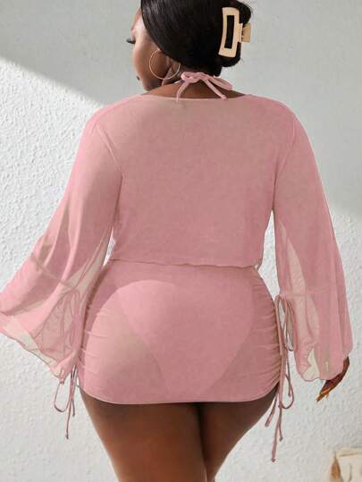 Slaydiva 4 حبات من مجموعة ملابس السباحة للمرأة قياسات كبيرة، شكل المثلث الحالك مع أكمام طويلة وتنورة فضفاضة برباط ، مناسب للتخسيس والتغطية ، مجموعة أزياء كاجوال للسباحة في المنتجعات