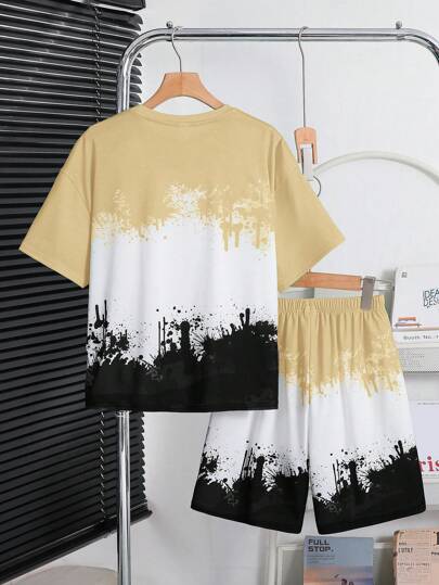 SHEIN بدلة شورت وتي شيرت مطبوع بأحرف للأطفال الأكبر سنًا بطراز الملابس الشارعي الفضفاضة