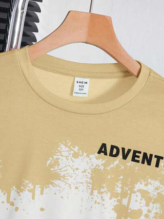 SHEIN بدلة شورت وتي شيرت مطبوع بأحرف للأطفال الأكبر سنًا بطراز الملابس الشارعي الفضفاضة