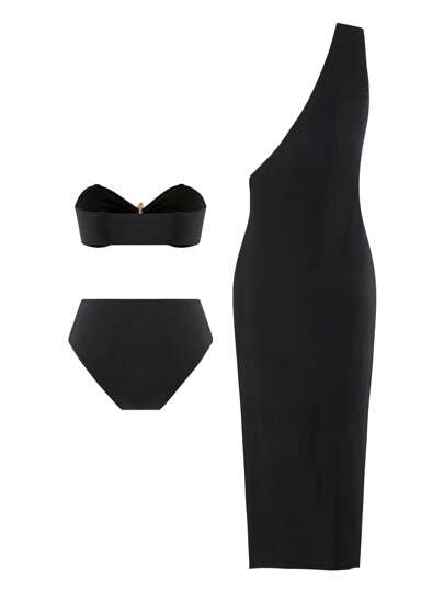 Swim Oasis طقم زائد الحجم 3 قطع، توب كامي بلون واحد مع بكيني وتنورة قابلة للإزالة، بتصميم أنيق وبسيط، ملابس سباحة للنساء مناسبة للشاطئ والمنتجعات الصيفية