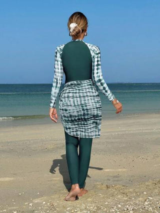 Swim Shayni مجموعة من 3 قطع ملابس سباحة للنساء من قطعة واحدة بأكمام طويلة وطبعات عشوائية مصبوغة باللون المربوط، بسروال بخصر متوسط وتنورة قصيرة، قطعة سباحة واحدة أنيقة ومتواضعة