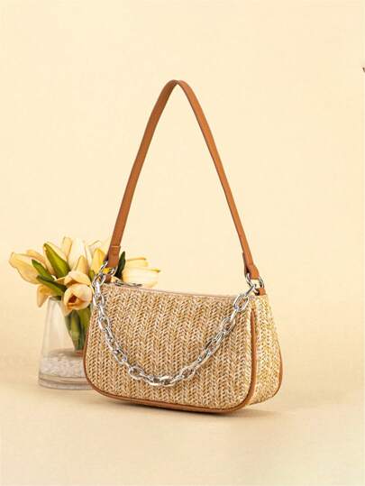 حقيبة خبز القش، حقيبة كتف/إبط قابلة للاستخدام للنساء، حقيبة تسوق بمقبض سلسلة صغير/فريد من نوعه، صيفية