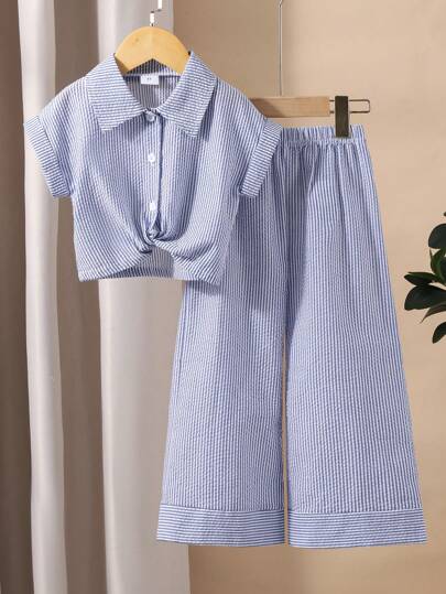 تيشيرتات بناتي Genkimix Kids طقم ملابس علوية ذات طوق مقلم والسروال ذو الساق المستقيمة لفتاة شابة قطعتان