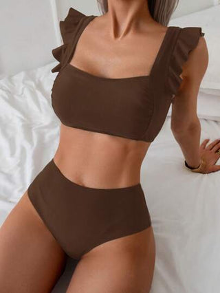 طقم تانكيني حريمي Swim Lushoire طقم ملابس سباحة للنساء، لباس علوي بدون حمالات بحافة متدلية واسفل بتصميم لون أحادي