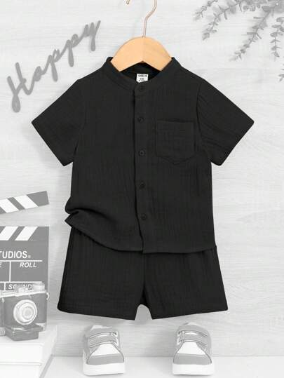 SHEIN مجموعة 2 قطعة للطفل الولد, ملابس علوية قطني قصير الأكمام بياقة طاقم صيفي كاجوال وشورت