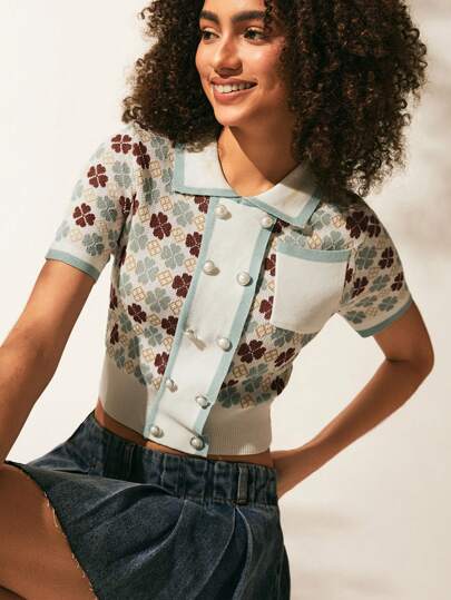 EZwear ملابس علوية محبوكة ذات ياقة بطبعات أوراق البرسيم والأشكال الهندسية وجيب أمامي معها أزرار