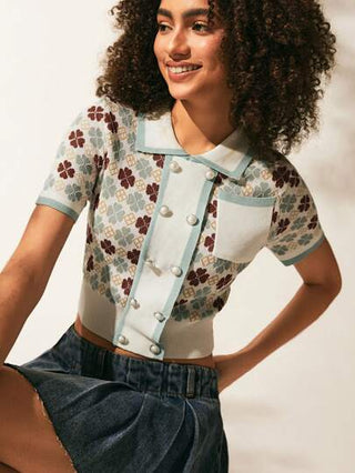 EZwear ملابس علوية محبوكة ذات ياقة بطبعات أوراق البرسيم والأشكال الهندسية وجيب أمامي معها أزرار