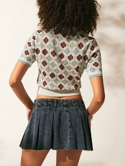 EZwear ملابس علوية محبوكة ذات ياقة بطبعات أوراق البرسيم والأشكال الهندسية وجيب أمامي معها أزرار