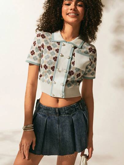 EZwear ملابس علوية محبوكة ذات ياقة بطبعات أوراق البرسيم والأشكال الهندسية وجيب أمامي معها أزرار