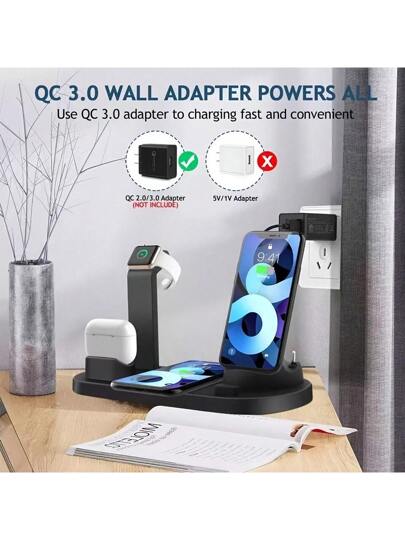 جهاز شحن لاسلكي متعدد الوظائف بقوة 15 واط، 4 في 1 متوافق مع iPhone/ساعة أبل//، مناسب للهاتف/الساعة/سماعات الأذن
