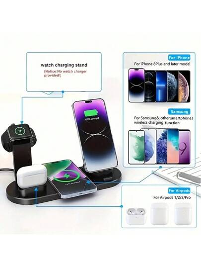 جهاز شحن لاسلكي متعدد الوظائف بقوة 15 واط، 4 في 1 متوافق مع iPhone/ساعة أبل//، مناسب للهاتف/الساعة/سماعات الأذن