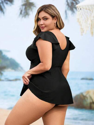 طقم تانكيني حريمي Swim Lushoire 2 قطعة ملابس علوية مقاس كبير للنساء بياقة على شكل حرف V مزينة بزهور وأكمام بيبلوم وملابس السباحة البيكيني، موضة رسمية للعطلات