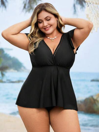 طقم تانكيني حريمي Swim Lushoire 2 قطعة ملابس علوية مقاس كبير للنساء بياقة على شكل حرف V مزينة بزهور وأكمام بيبلوم وملابس السباحة البيكيني، موضة رسمية للعطلات